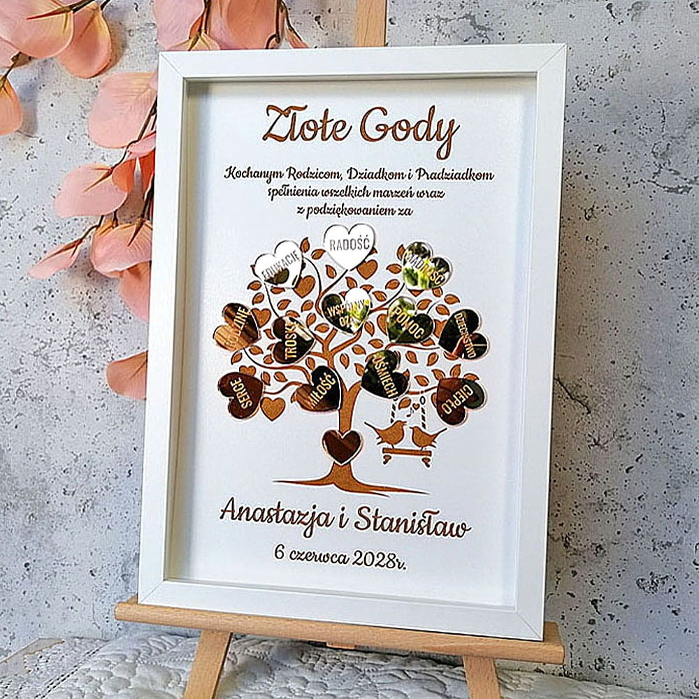 prezent na złote gody drzewko w białej ramce podziękowania imiona rodziców złote serduszka
