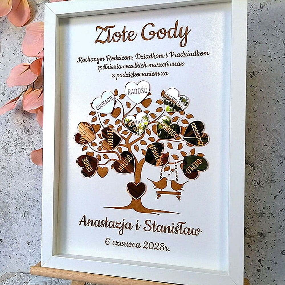 prezent na 50 rocznicę ślubu drzewko w ramce z podziękowaniem z imionami rodziców złote serduszka