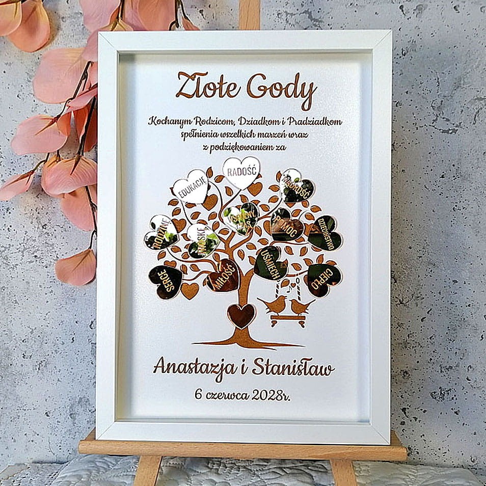 oryginalny prezent dla rodziców na 50 rocznicę ślubu biała ramka obraz drzewko szczęścia serca grawer
