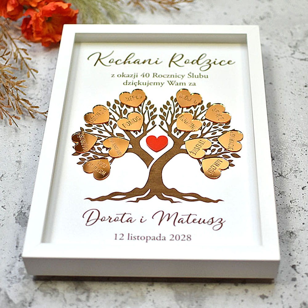 drzewko szczęścia na 50 rocznicę ślubu od dzieci wnuków złote lustrzane serduszka z podziękowaniem