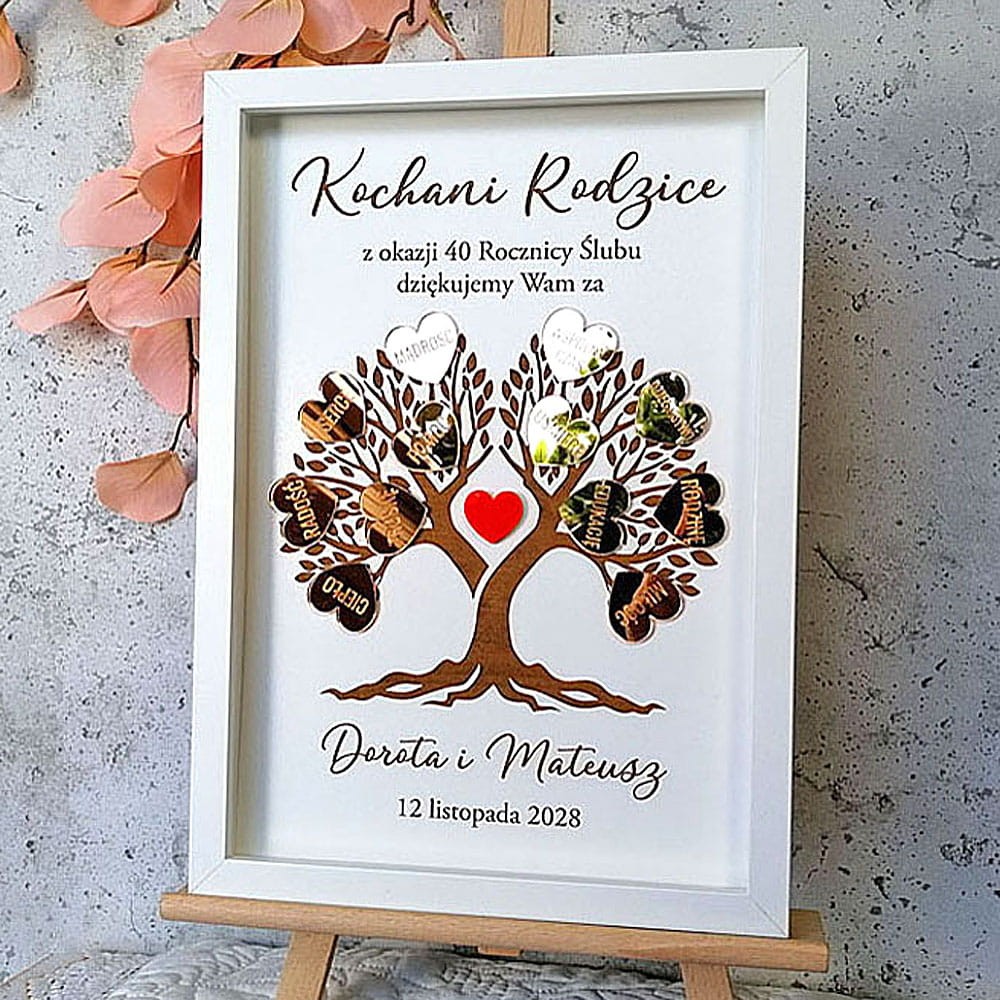 obraz prezent na 50 rocznicę ślubu drzewko szczęścia złote serca czerwone serduszko grawer