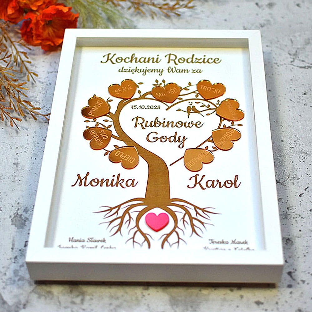elegancki prezent na 50 rocznicę ślubu rodziców ramka drzewko złote serduszka podziękowanie grawer