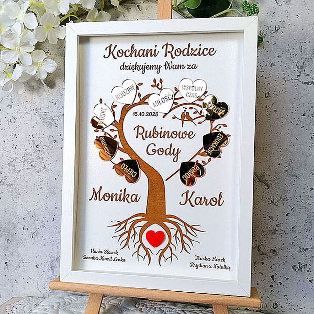 oryginalne prezenty na 50 rocznicę ślubu drzewko złote lustrzane serca z podziękowaniem od dzieci wnuków