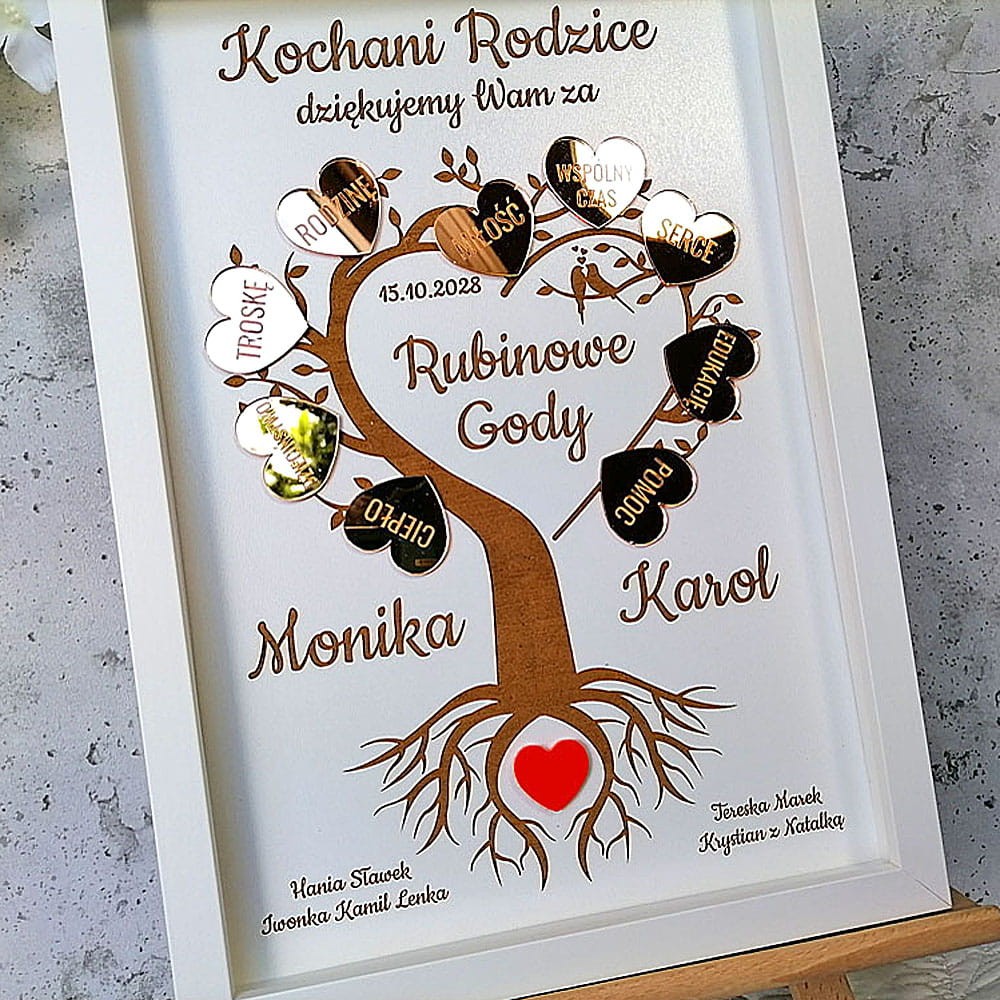 prezent złote gody obraz lustrzane serca z podziękowaniem dla rodziców