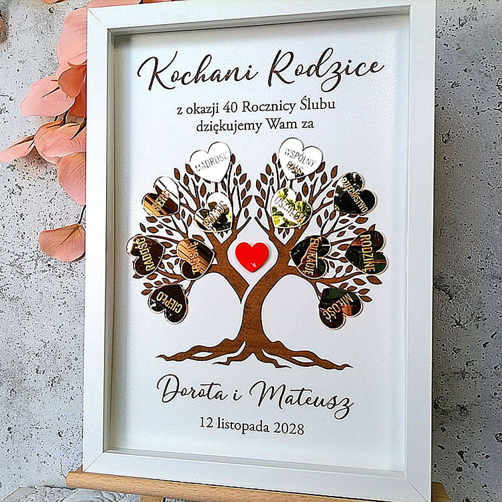40 rocznica ślubu prezent rodzice drzewko podziękowania złote serca z grawerem biała ramka