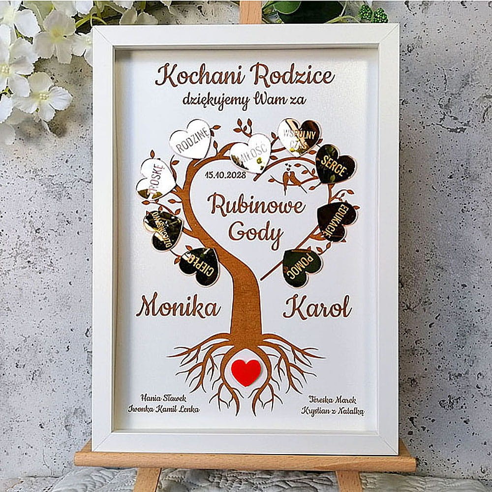 40 lecie ślubu rodziców pamiątka od dzieci drzewko serca podziękowania w ramce grawer