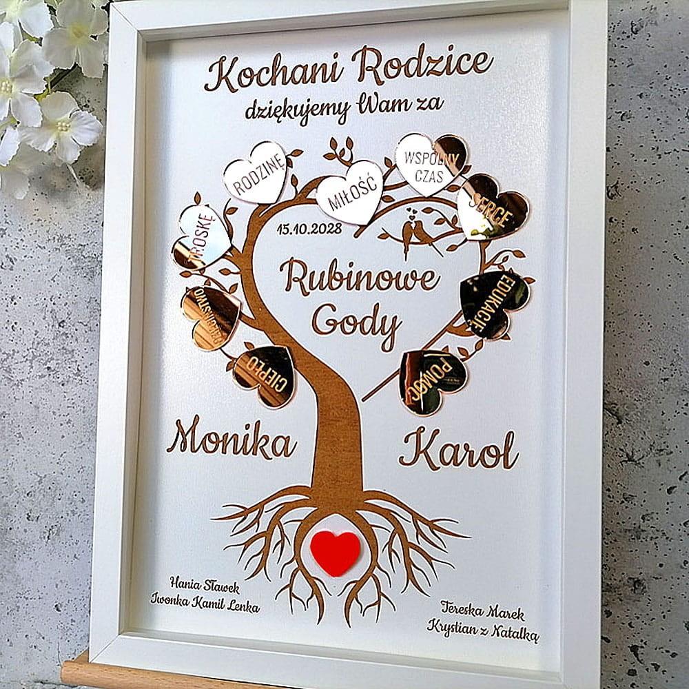elegancka pamiątka na 40 rocznicę ślubu  rodziców obraz drzewko z podziękowaniami złote lustrzane serca