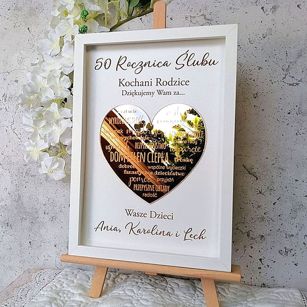rubinowe gody prezent obraz z podziękowaniami dla rodziców złote serce z grawerem w ramce
