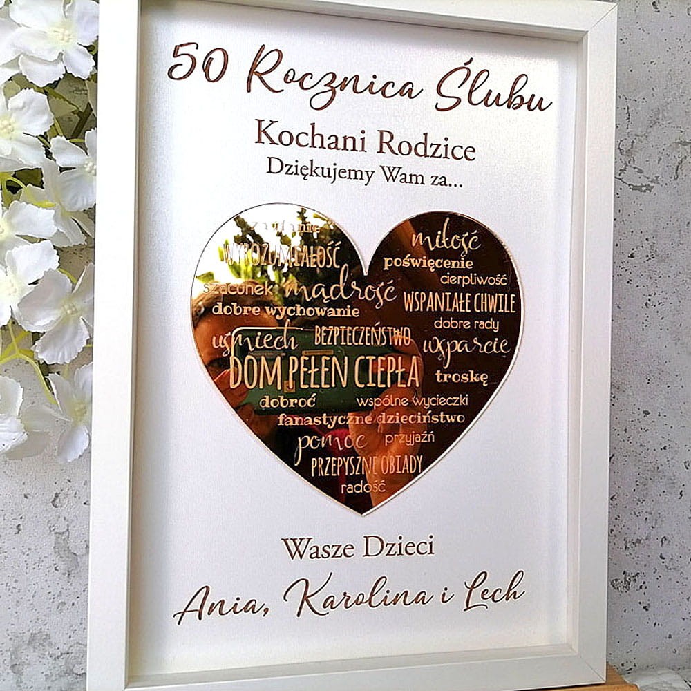 pomysł na pamiątkę na rubinowe gody złote lustro serce podziękowania grawer biała ramka