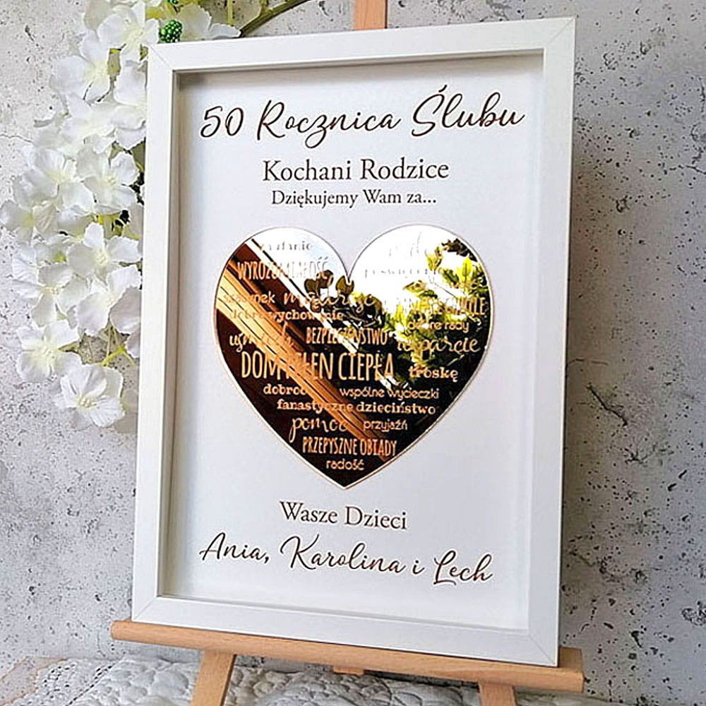 elegancki prezent na 40 rocznicę ślubu rodziców złote lustrzane serce z podziękowaniem biała ramka grawer