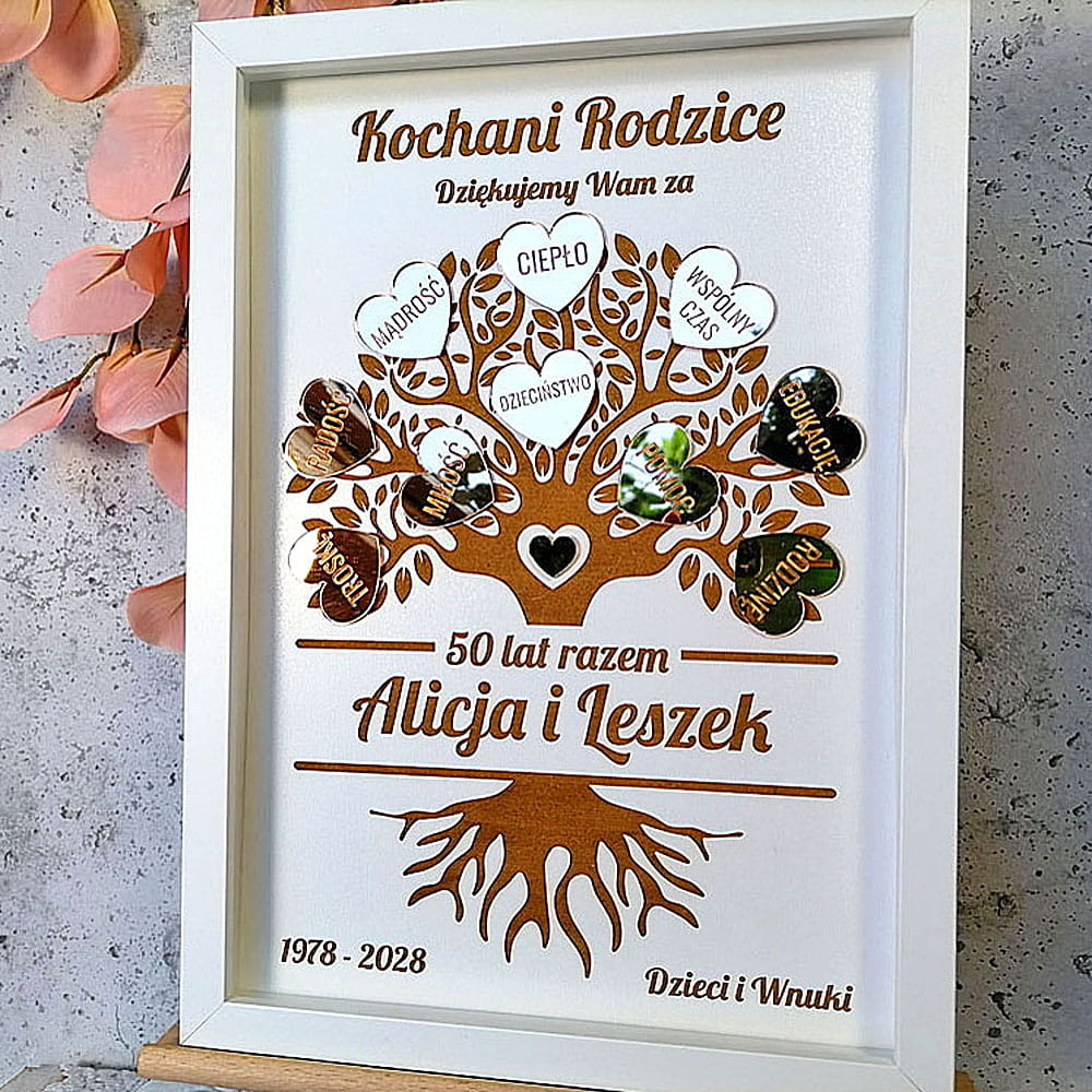 prezent na 40 rocznicę ślubu drzewko z podziękowaniem dla rodziców czerwone serduszko i złote serca w ramce