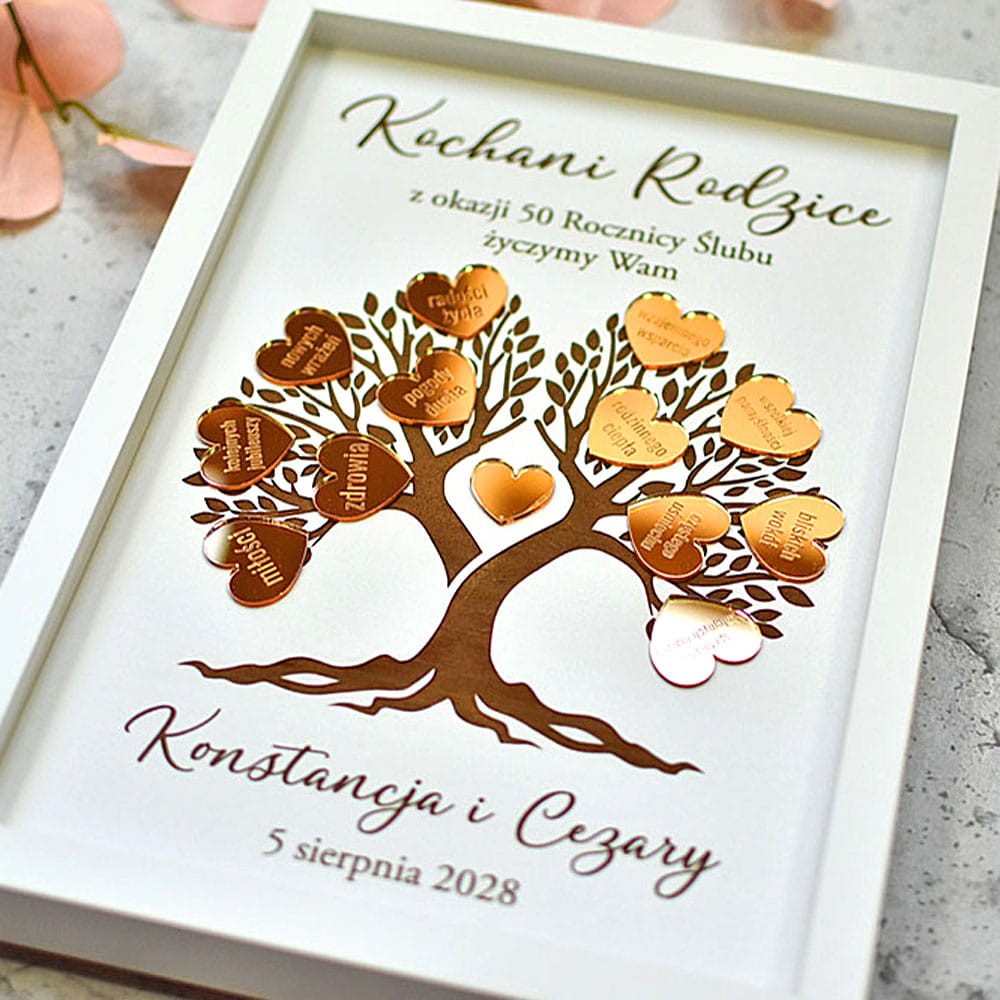 oryginalna pamiątka na 40 50 60 lecie ślubu z życzeniami dla rodziców dziadków drzewko szczęścia ramka złote serca