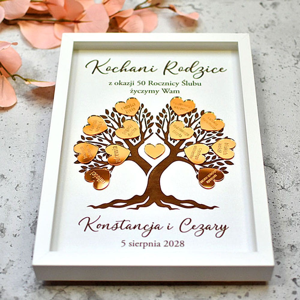 oryginalny prezent na 40 50 60 lecie małżeństwa życzenia dla rodziców dziadków drzewko szczęścia obraz złote serca