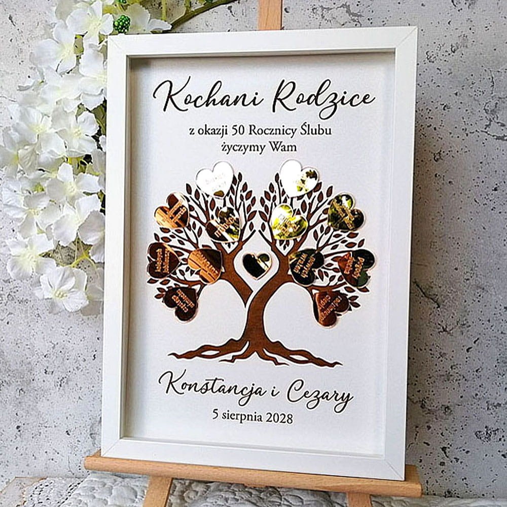 oryginalny prezent na 40 50 60 lecie ślubu z życzeniami dla rodziców dziadków drzewko szczęścia ramka złote serca