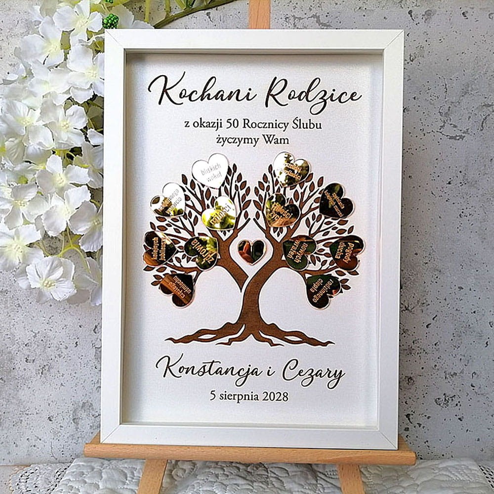 elegancki prezent na 40 50 60 rocznicę ślubu z życzeniami od dzieci wnuków drzewko szczęścia obraz złote serca