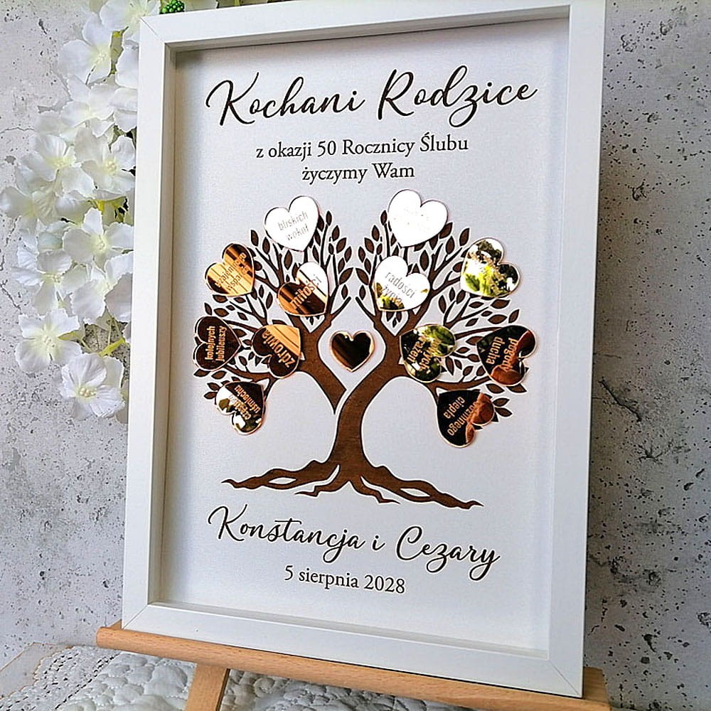 prezent na 40 50 60 rocznicę ślubu z życzeniami od dzieci wnuków drzewko szczęścia ramka złote serca