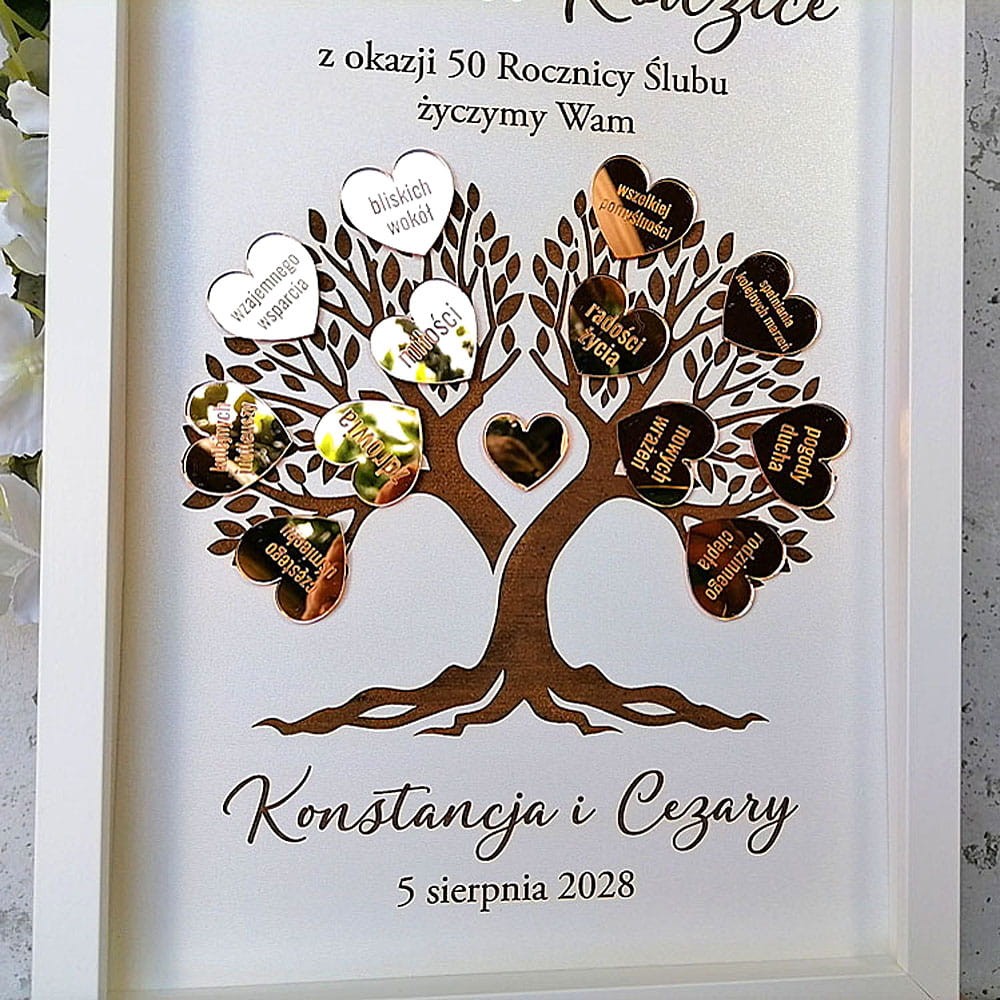 pomysł na prezent na 40 50 60 lecie ślubu z życzeniami drzewko szczęścia ramka złote serduszka grawer