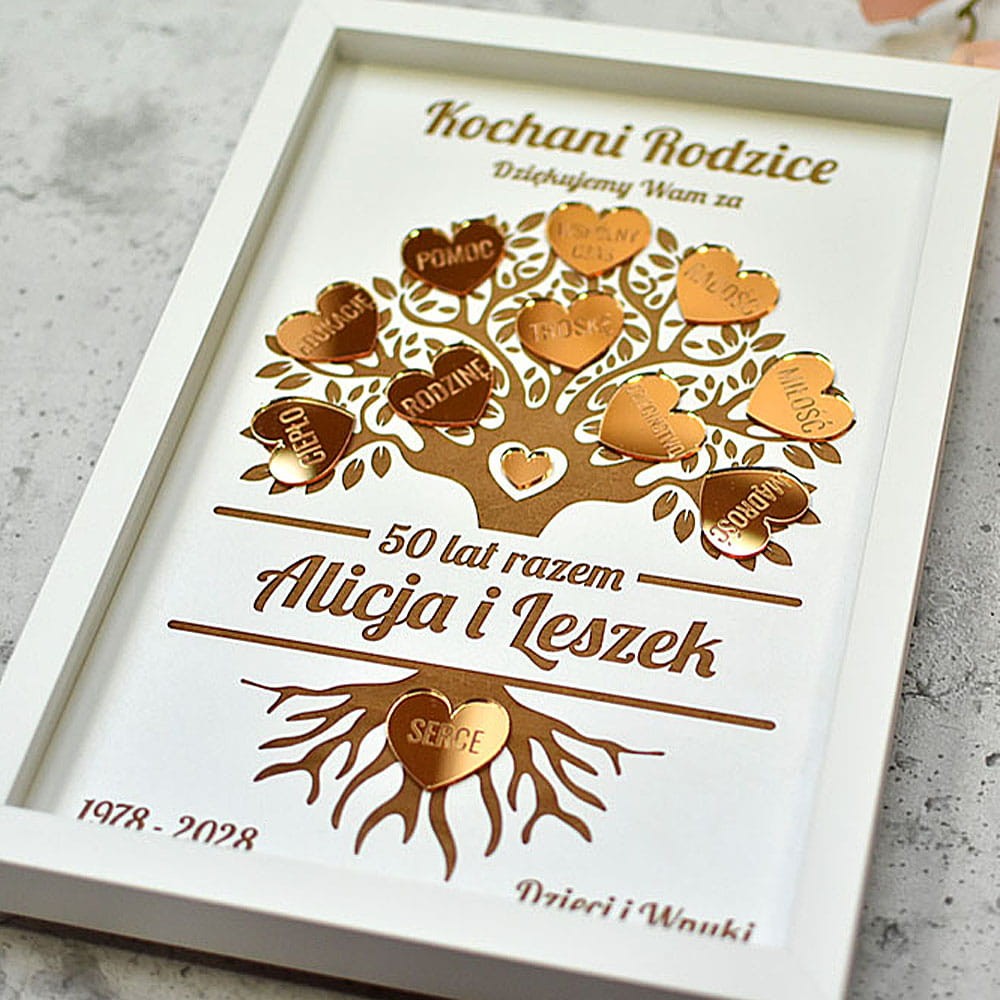 diamentowe gody pamiątka dla rodziców dziadków drzewko z podziękowaniami złote serduszka ramka