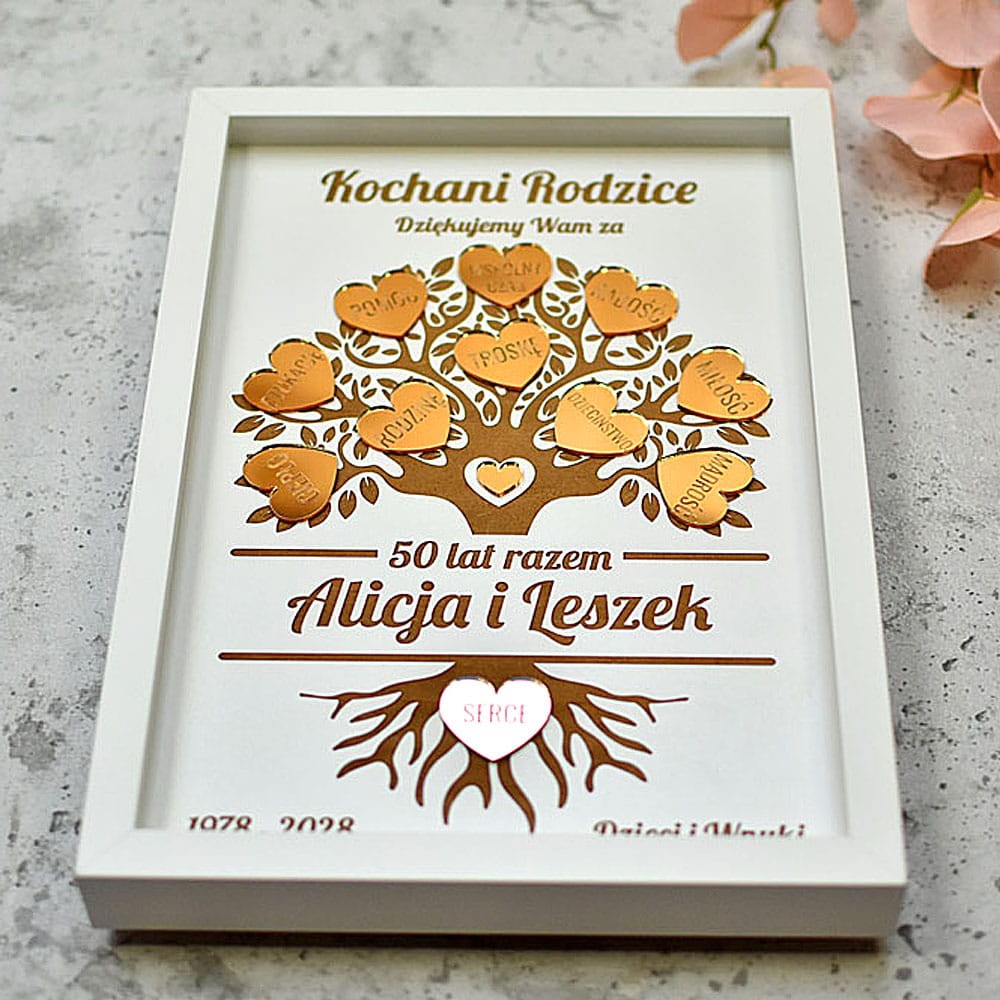 prezent na 60 rocznicę ślubu drzewko szczęścia w ramce z podziękowaniami i złotymi sercami
