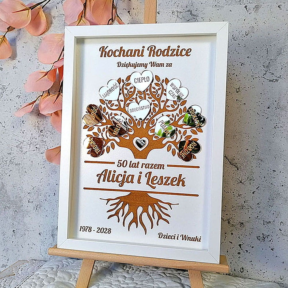 diamentowe gody upominek dla rodziców dziadków biała ramka drzewko podziękowania złote serca