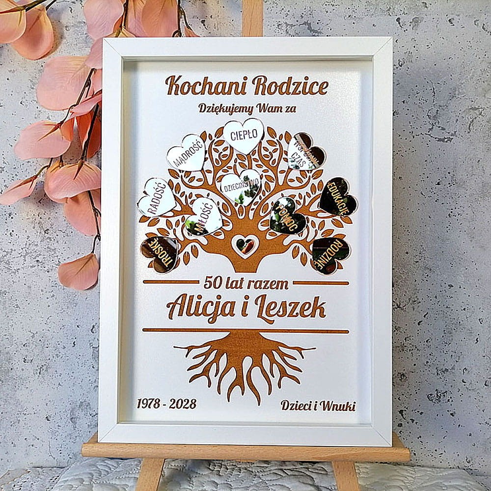 pamiątka na 60 rocznicę ślubu drzewko szczęścia z podziękowaniami i złotymi sercami obraz