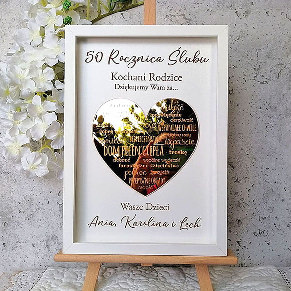 wyjątkowy prezent na 60 rocznicę ślubu złote lustrzane serce z grawerem podziękowania dla rodziców dziadków od rodziny
