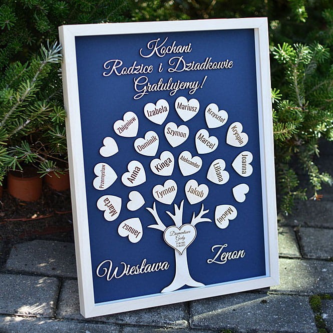 60 lecie małżeństwa pamiątka drzewko z sercami z imionami dzieci wnuków rodziny ramka