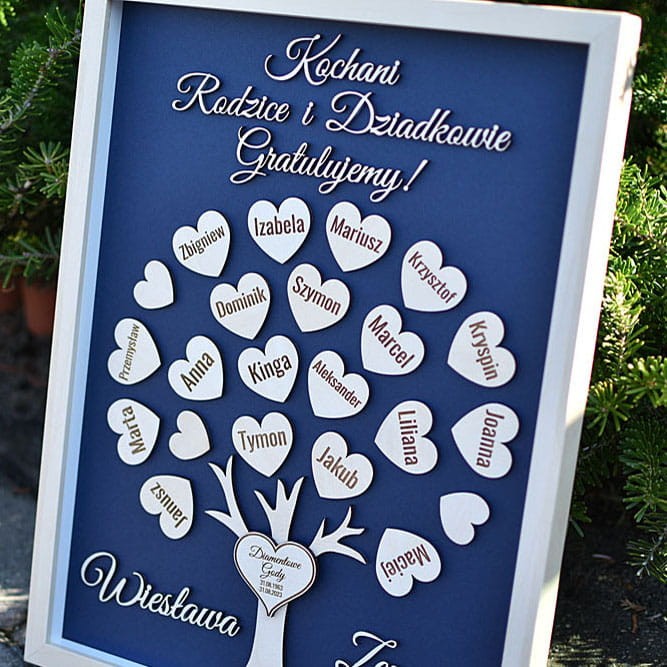 60 rocznica ślubu prezent dla babci dziadka  drzewko serca z imionami dzieci wnuków ramka grawer