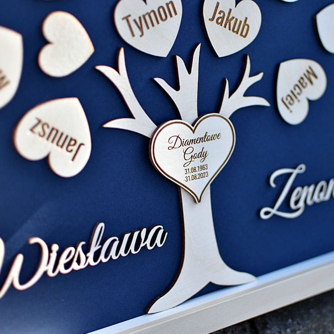 pomysł na pamiątkę dla babci dziadka na 60 rocznicę małżeństwa drzewko z imionami wnuków dzieci obraz