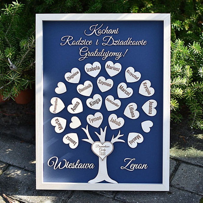 60 lecie ślubu pamiątka dla babci dziadka  drzewko z imionami dzieci wnuków serca drewno obraz