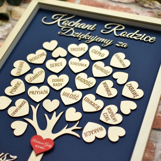 40 rocznica ślubu prezent dla rodziców drzewko szczęścia grawerowane serca z podziękowaniami obraz