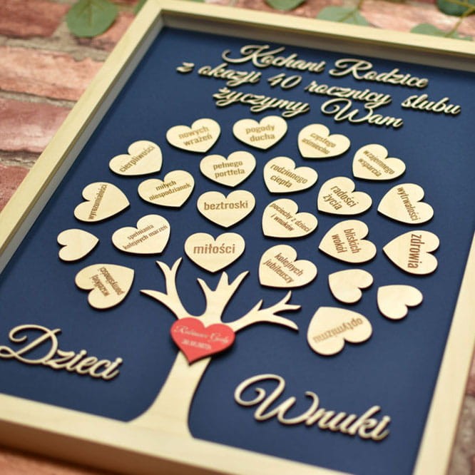 obraz na 40 lecie ślubu rodziców drzewko drewniane serca z życzeniami ramka