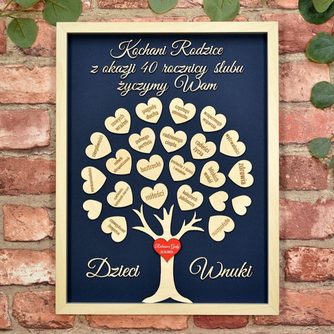 obraz na 40 rocznicę ślubu rodziców drzewko drewniane serca z życzeniami w ramce