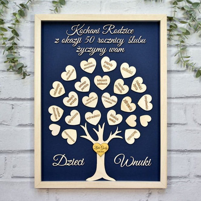 co na 50 rocznicę ślubu obraz drzewko szczęścia z życzeniami od dzieci wnuków