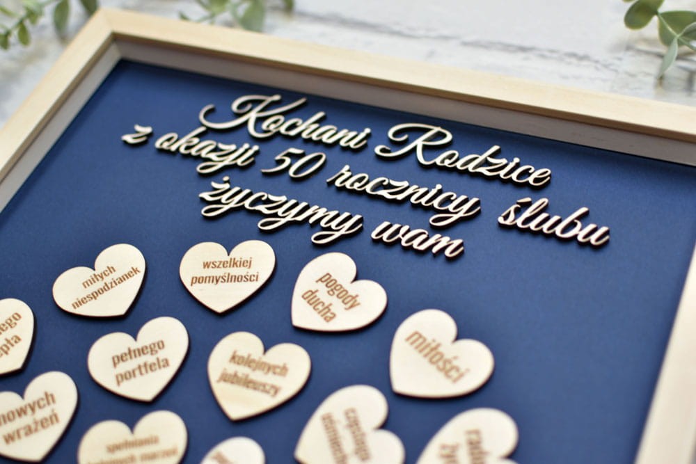 pamiątkowy obraz z okazji 50 lecia ślubu od dzieci wnuków drzewko z życzeniami serca grawer