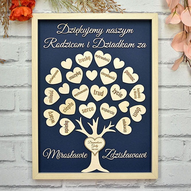 diamentowe gody prezent dla rodziców dziadków drzewko serca z podziękowaniami w ramce
