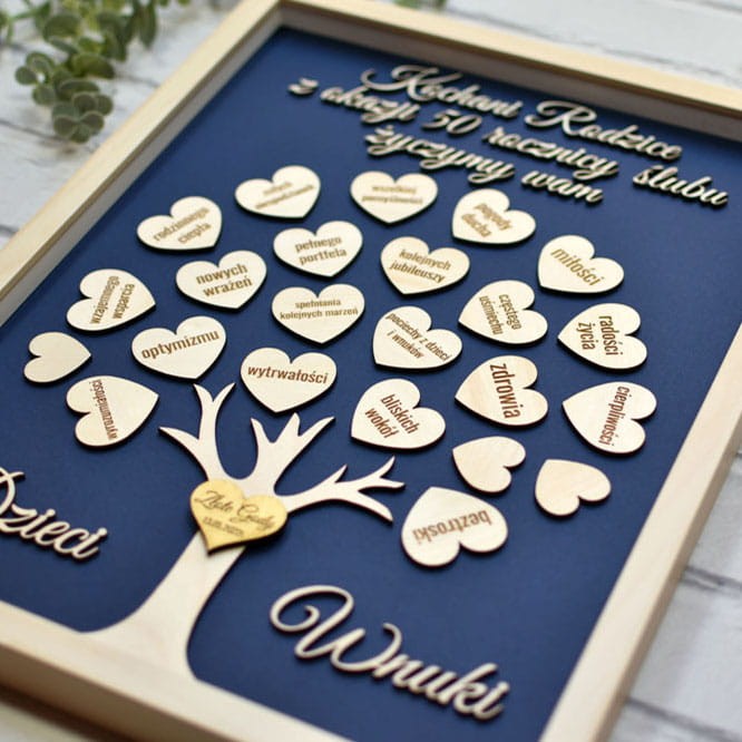złote gody pamiątka życzenia z okazji 50 rocznicy ślubu rodziców obraz drzewko z sercami