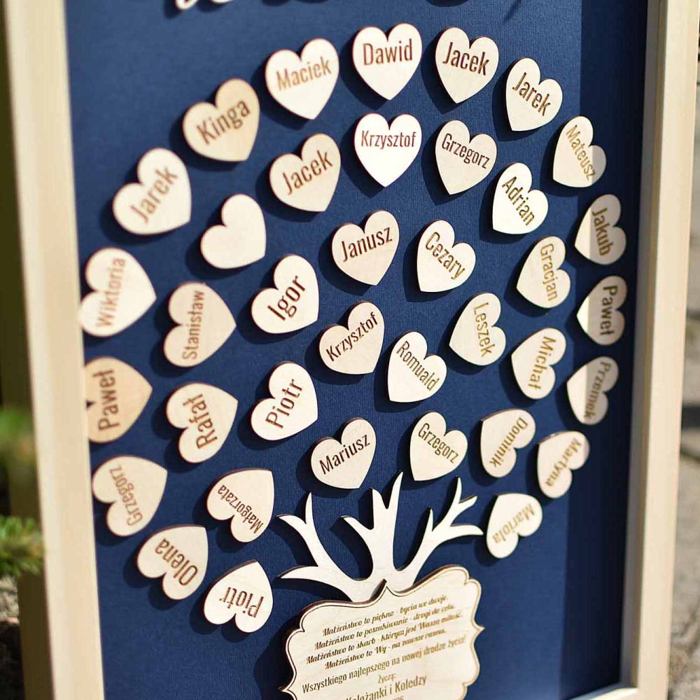 prezent ślubny dla pracownika obraz drzewko serca z imionami zespołu