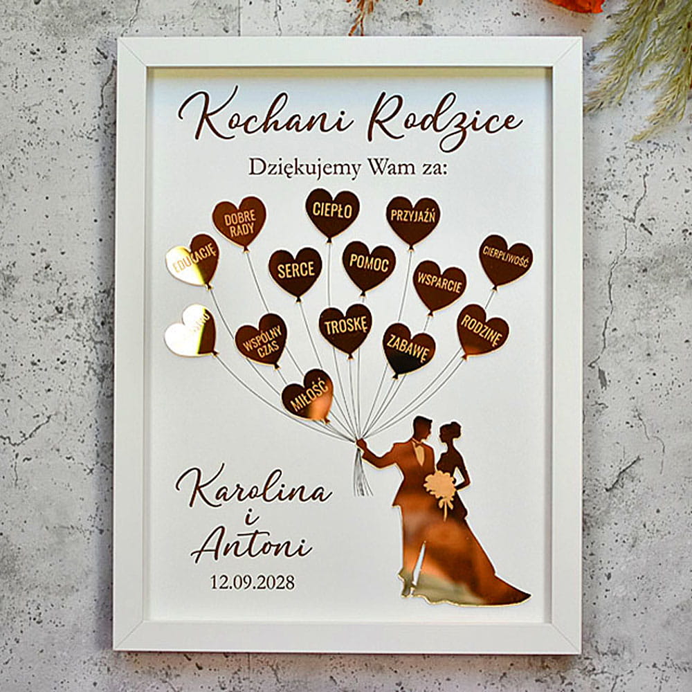 eleganckie podziękowania ślubne dla Rodziców obraz ze złotymi balonikami