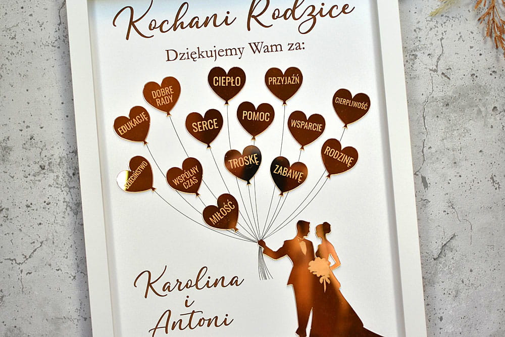 eleganckie podziękowania ślubne dla Rodziców obraz ze złotymi balonikami