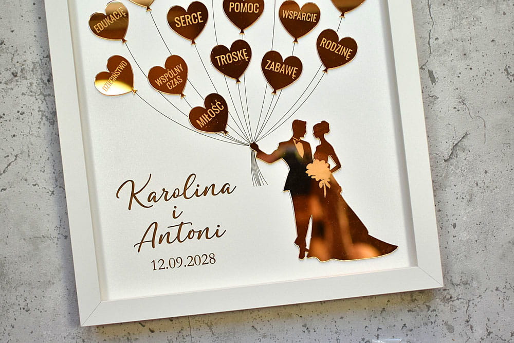 eleganckie podziękowania ślubne dla Rodziców obraz ze złotymi balonikami