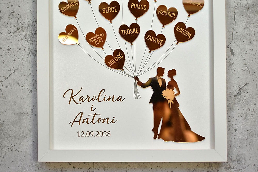 eleganckie podziękowania ślubne dla Rodziców obraz ze złotymi balonikami