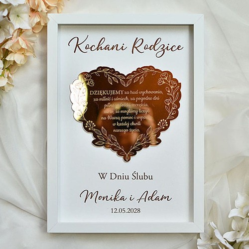 Podziękowania ślubne dla Mamy Taty obraz ze złotym sercem z grawerem.