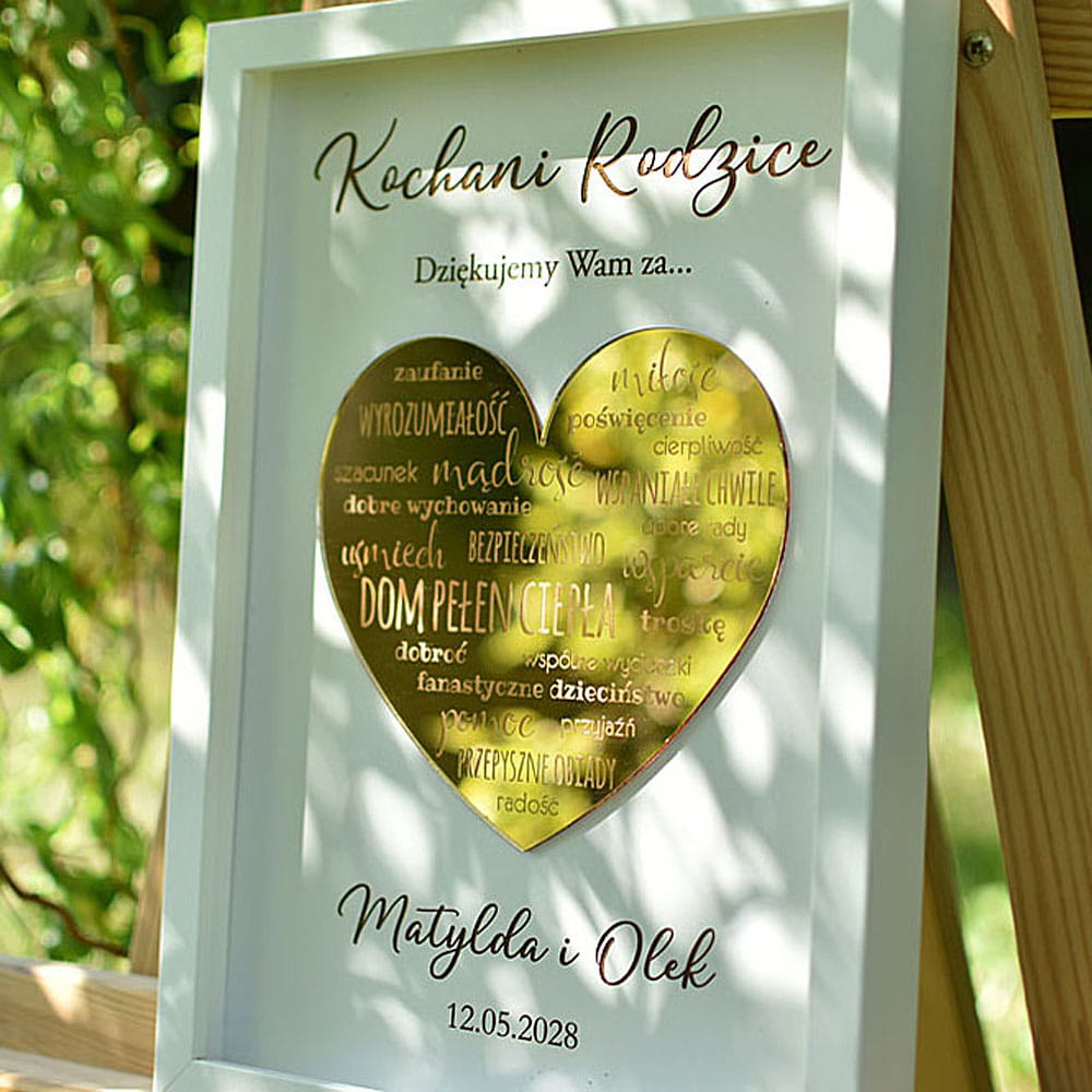 prezent podziękowanie dla Rodziców na weselu złote serce z napisami w białej ramce