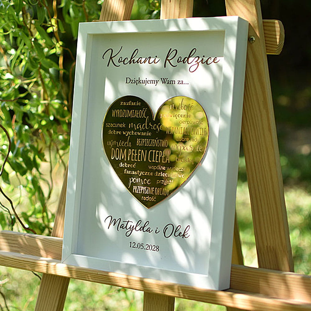 prezent podziękowanie dla Rodziców na weselu złote serce z napisami w białej ramce