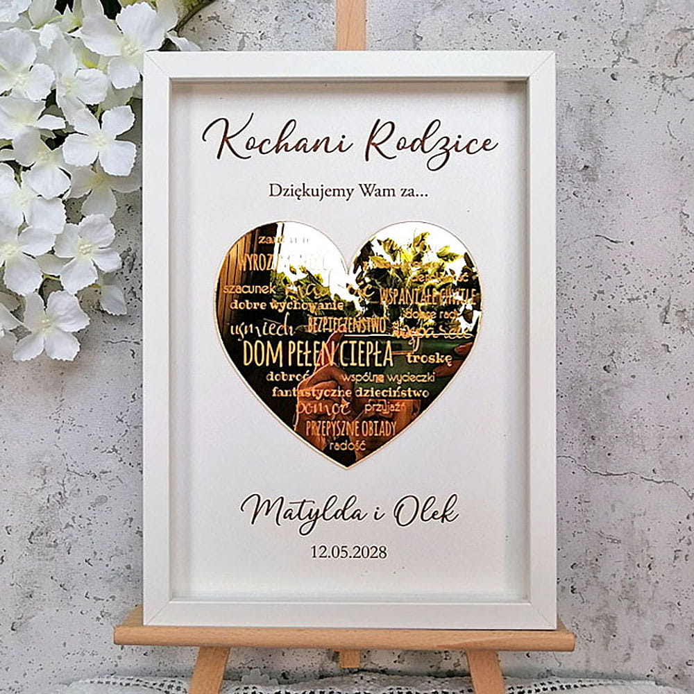 prezent podziękowanie dla Rodziców na weselu złote serce z napisami w białej ramce