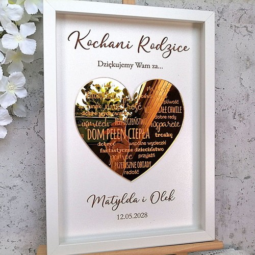 prezent podziękowanie dla Rodziców na weselu złote serce z napisami w białej ramce