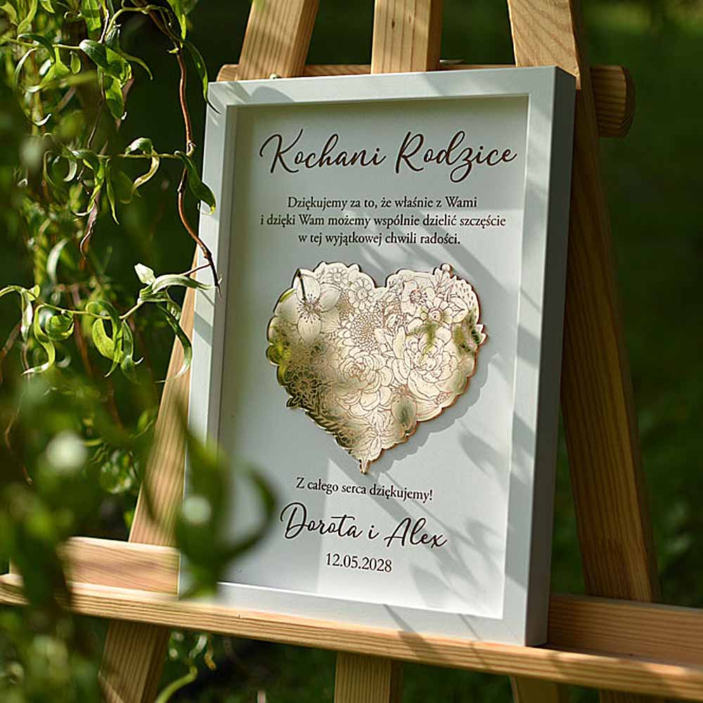 nowoczesne podziękowania ślubne dla rodziców, złote serce z kwiatami w ramce