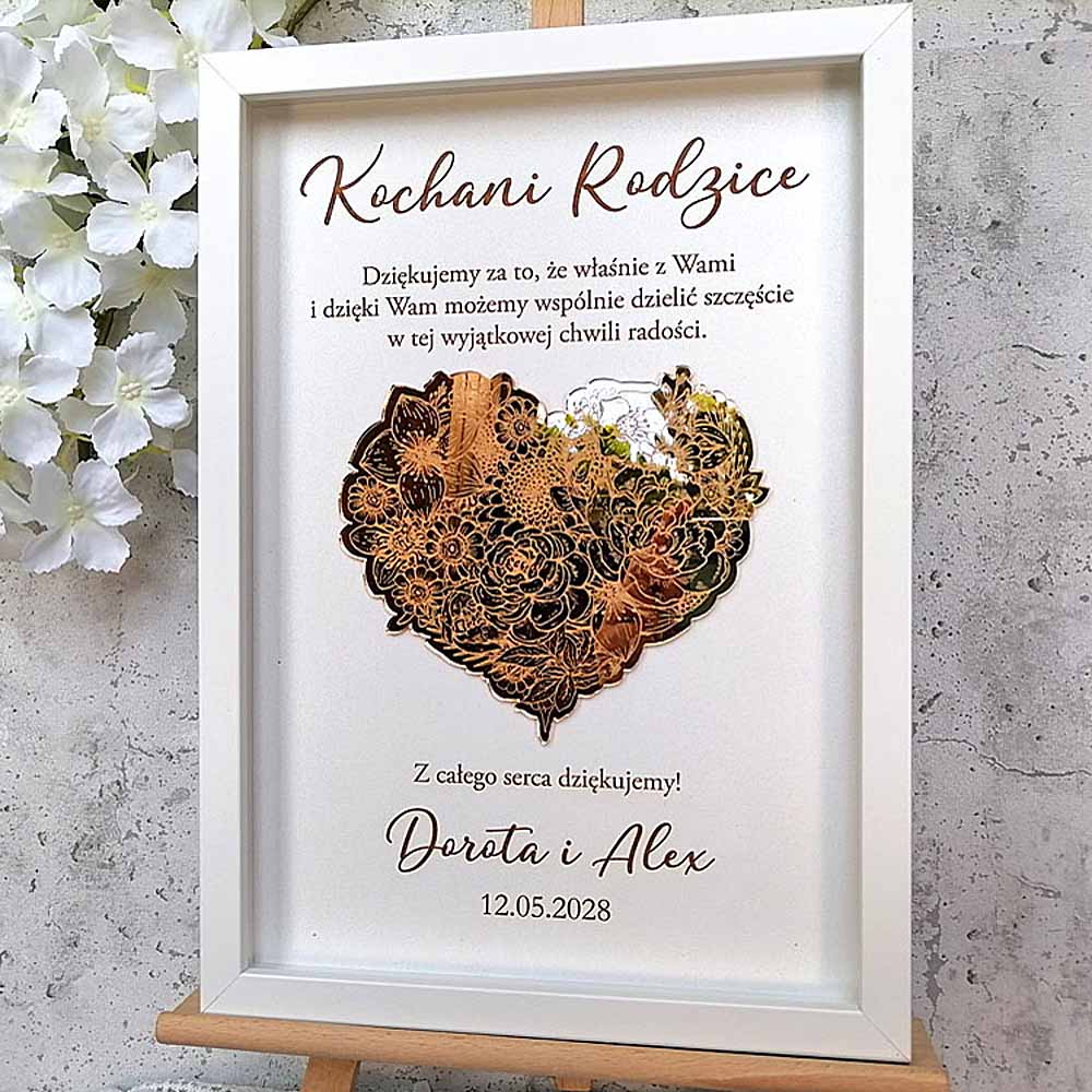 nowoczesne podziękowania ślubne dla rodziców, złote serce z kwiatami w ramce