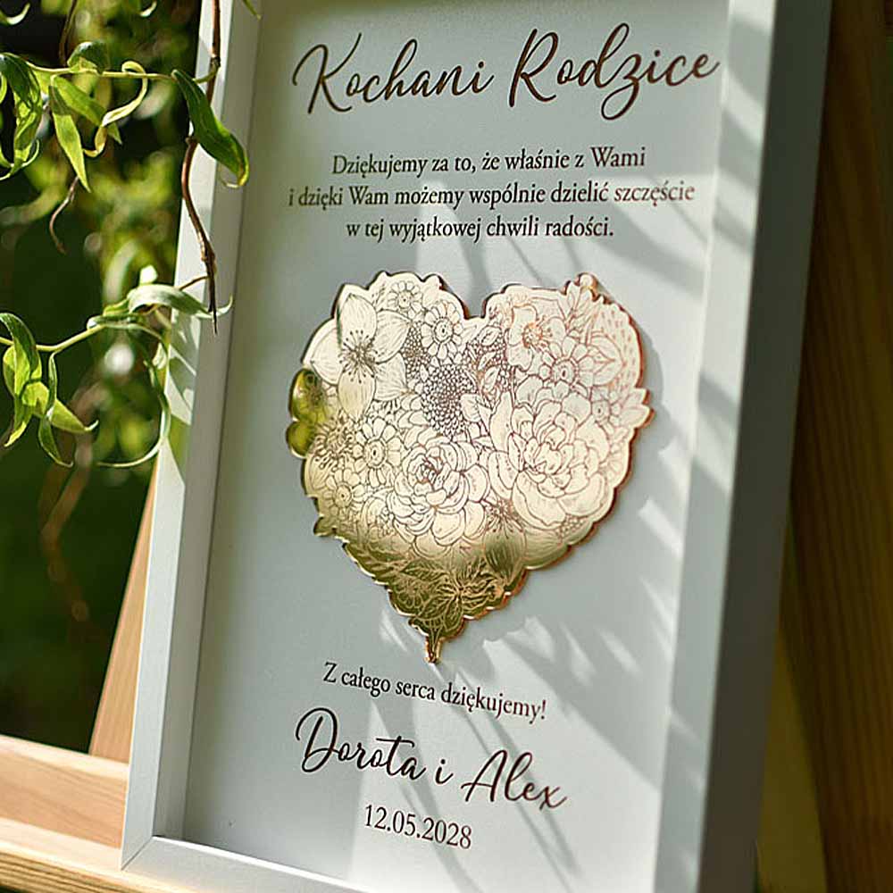 podziękowania dla Rodziców, Świadków, złote serce z kwiatami w białej ramce